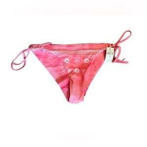aerie Cheekier Side Tie Pink and White Embroidered Bikini Bottom Size S